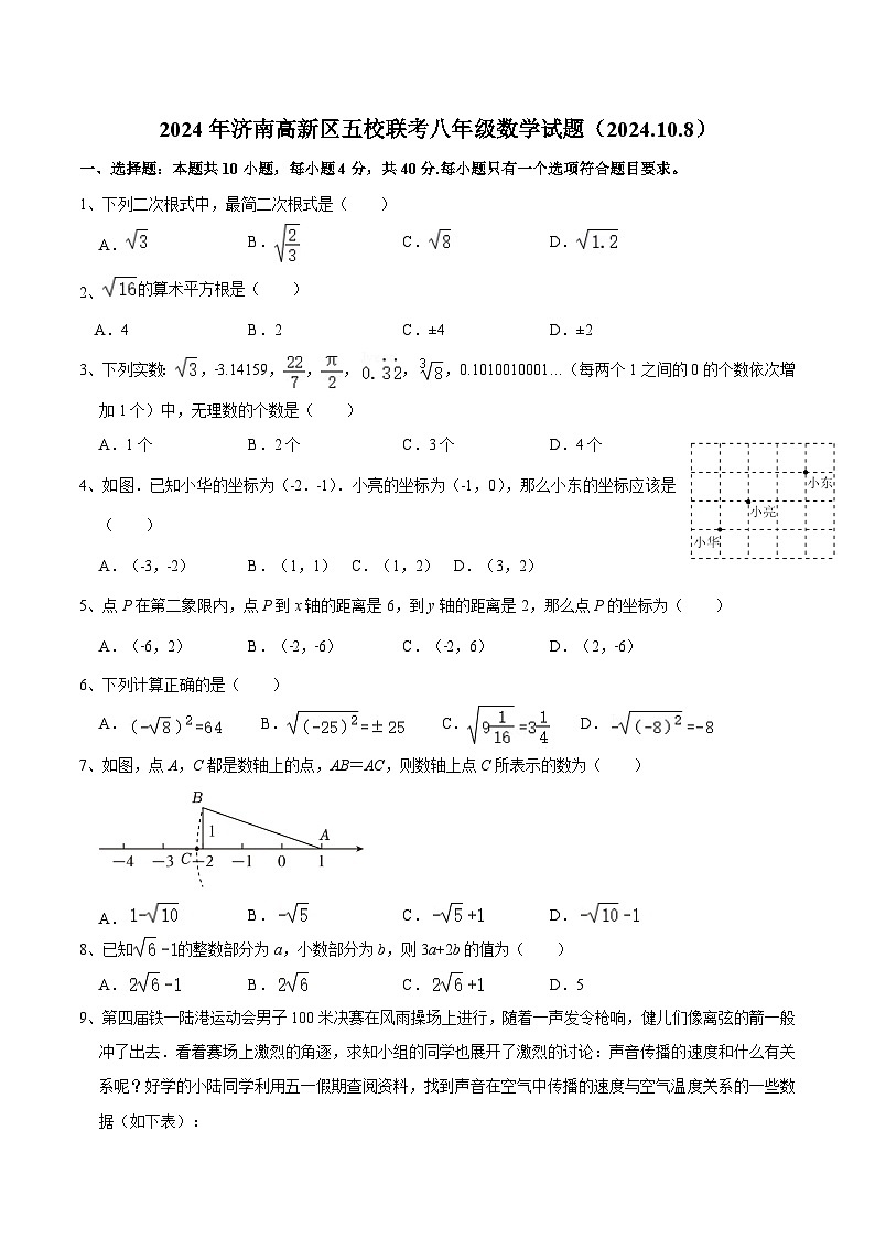 山东省济南市高新区五校联考2024-2025学年八年级上学期10月月考数学试卷(含答案)第1页