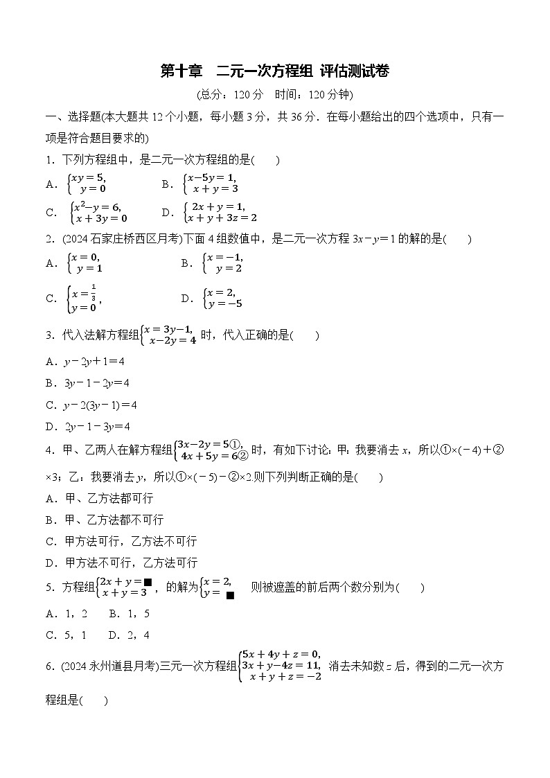 第十章 二元一次方程组 评估测试卷 2024-2025学年 人教版数学七年级下册第1页