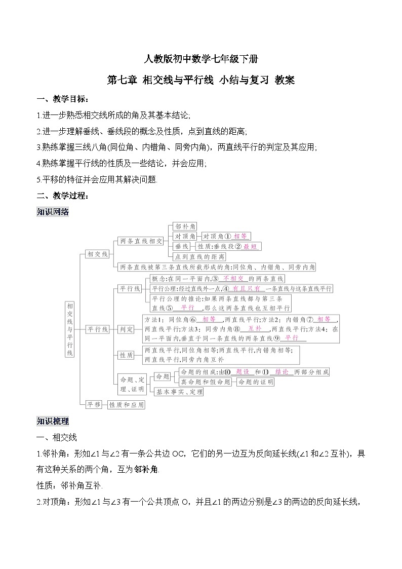 新人教版七下数学 教案：第七章 相交线与平行线 小结与复习第1页