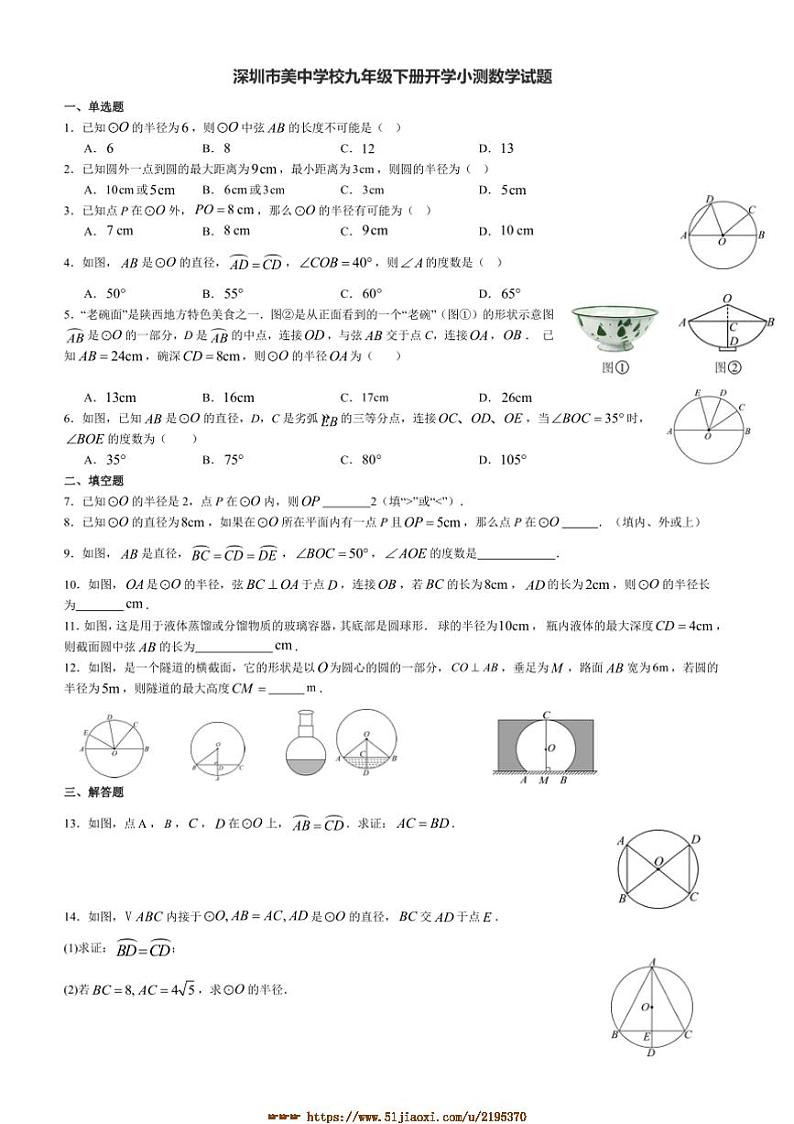 2024～2025学年广东省深圳市美中学校九年级下开学小测数学试卷(含解析)第1页
