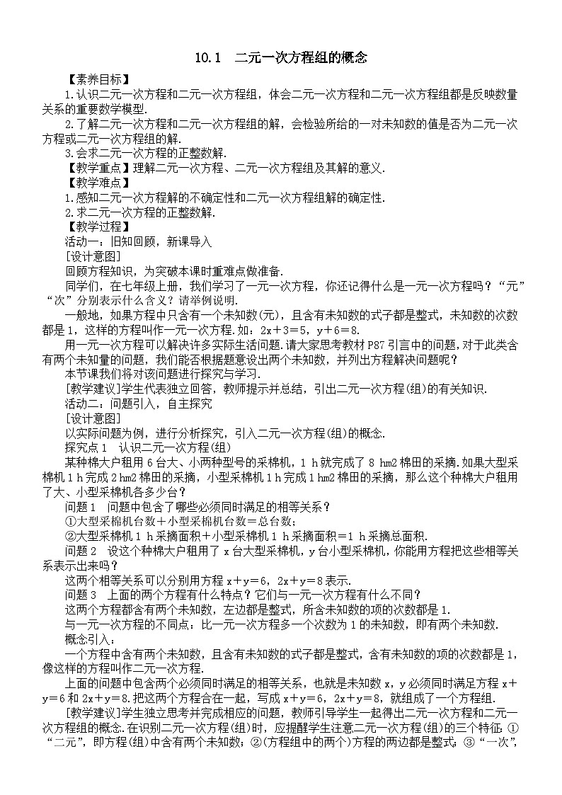 初中数学新人教版七年级下册10.1　二元一次方程组的概念教案（2025春）第1页