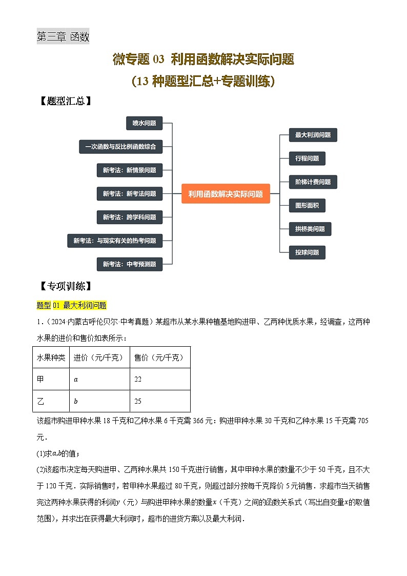 微专题03 利用函数解决实际问题(13种题型汇总+专题训练)(原卷版)第1页