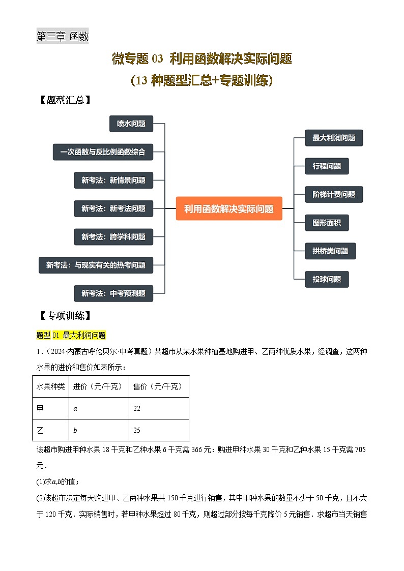 微专题03 利用函数解决实际问题(13种题型汇总+专题训练)(解析版)第1页