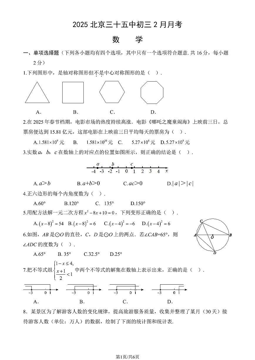 2025北京三十五中初三下2月月考数学试卷（有答案）第1页