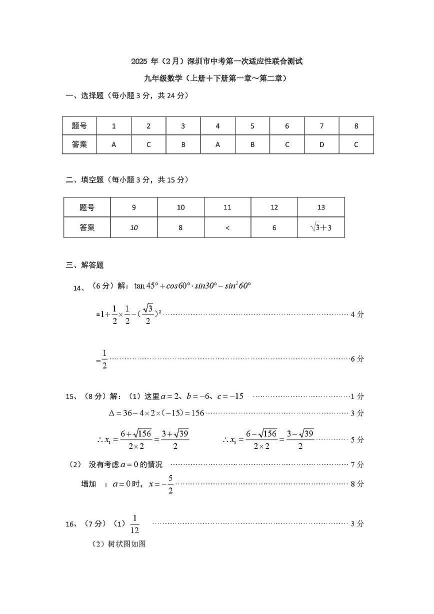 （数学答案）2025年（2月）深圳市中考第一次适应性联合测试-九年级参考答案第1页