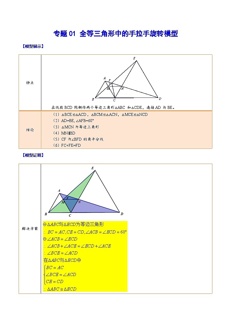 中考数学难点突破与经典模型精讲练(全国通用)专题01全等三角形中的手拉手旋转模型(原卷版+解析)第1页