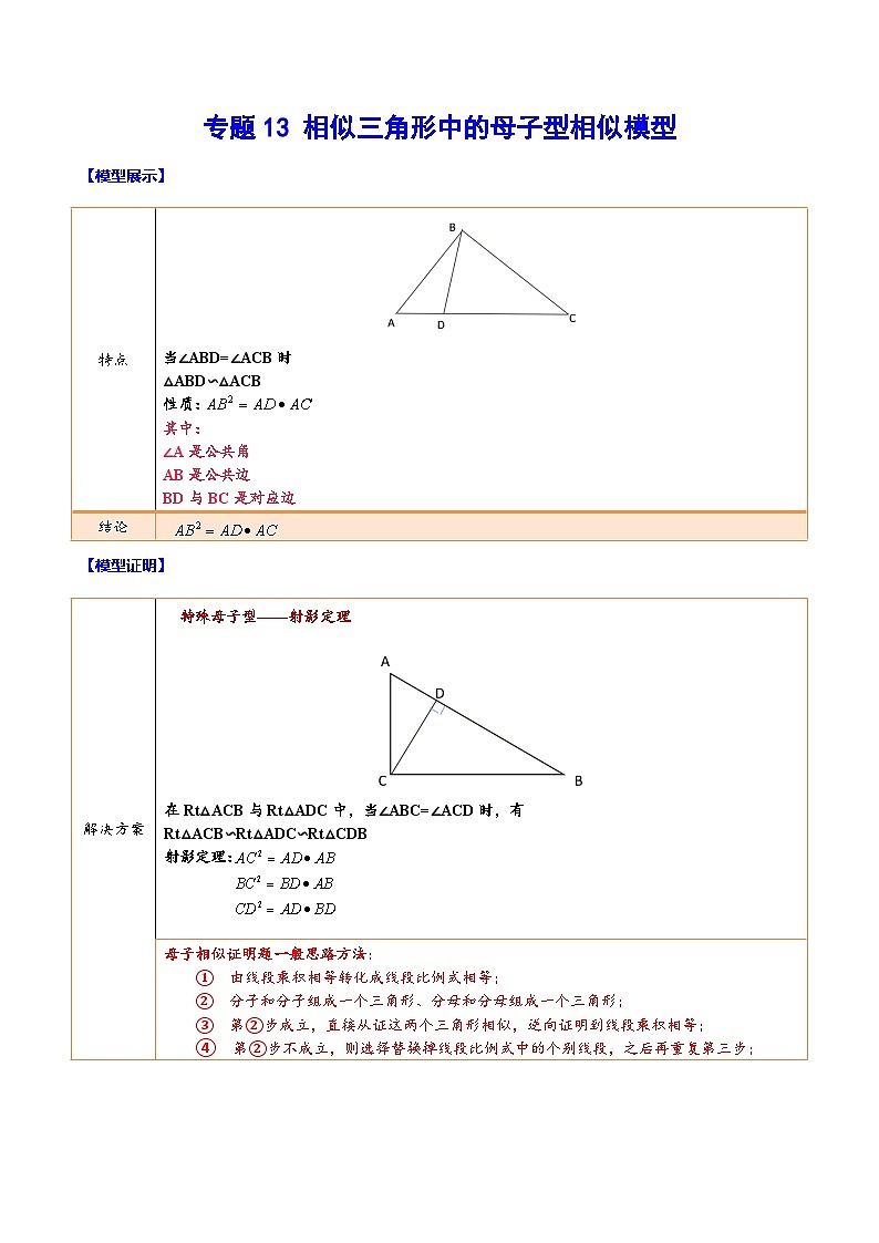 中考数学难点突破与经典模型精讲练(全国通用)专题13相似三角形中的母子型相似模型(原卷版+解析)第1页