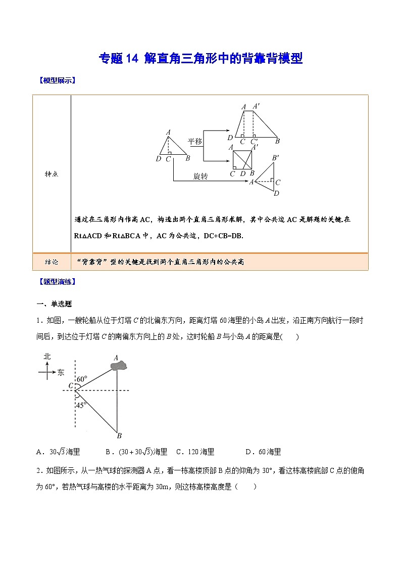 中考数学难点突破与经典模型精讲练(全国通用)专题14解直角三角形中的背靠背模型(原卷版+解析)第1页