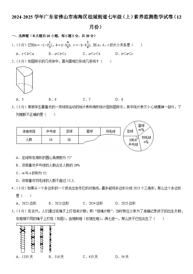 2024-2025学年广东省佛山市南海区桂城街道七年级（上）素养监测数学试卷（12月份）（含详解）第1页