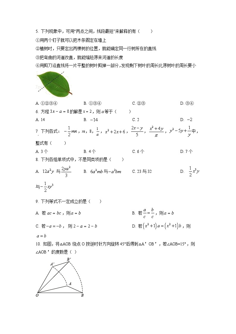 2022-2023学年河北省石家庄市九中七年级（上）期末数学试卷（原卷版）第2页