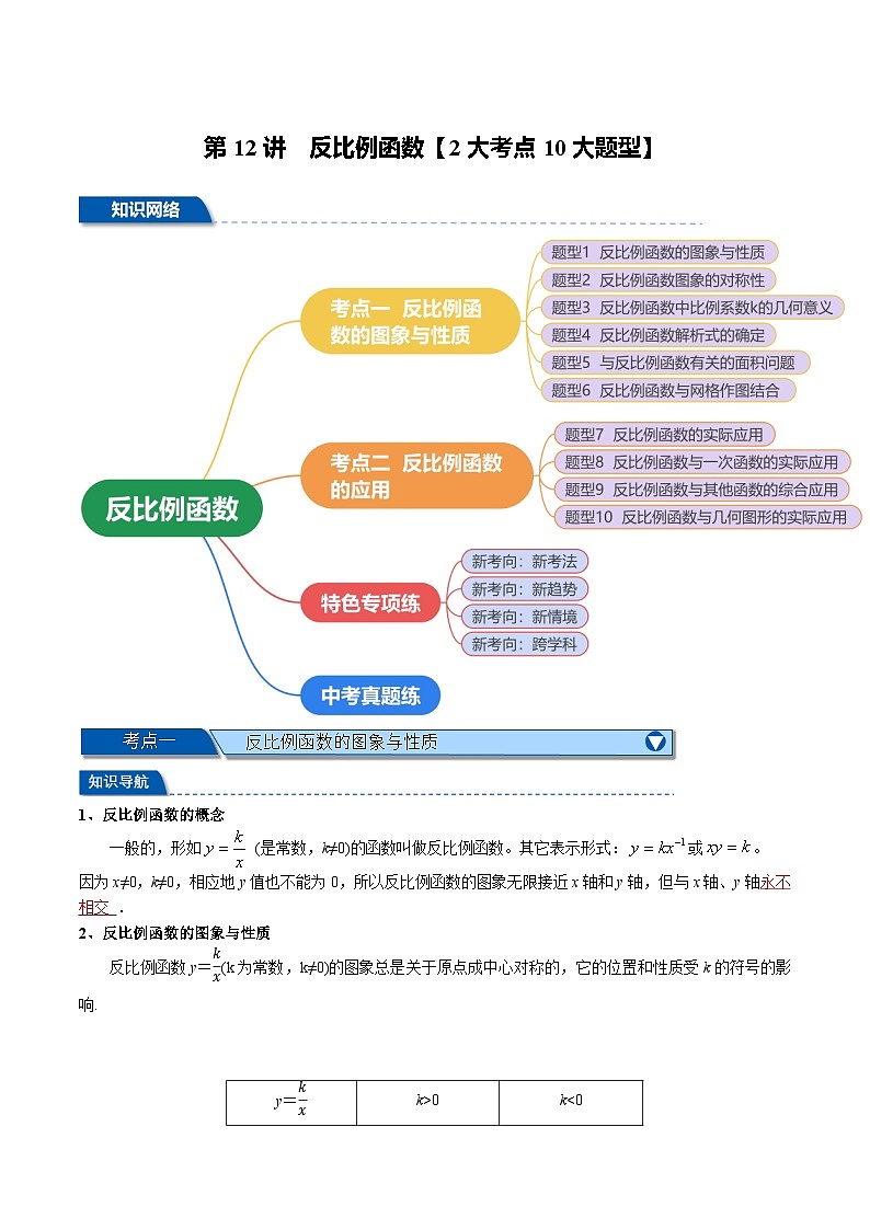 第12讲 反比例函数（讲义） 2大考点10大题型（举一反三）-2025年中考数学一轮复习（全国版）（解析版）第1页