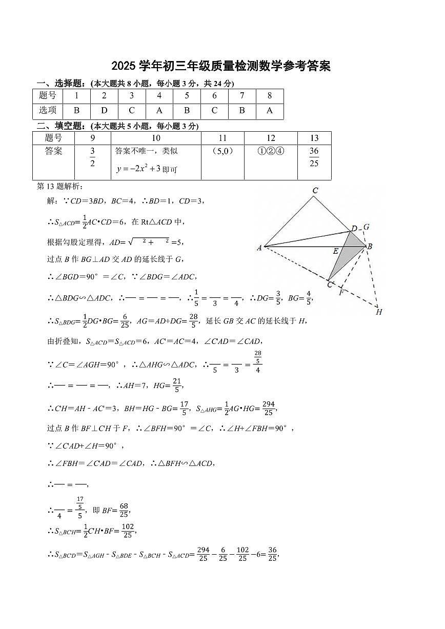2025年2月深圳市多校初三质量检测数学试卷答案第1页
