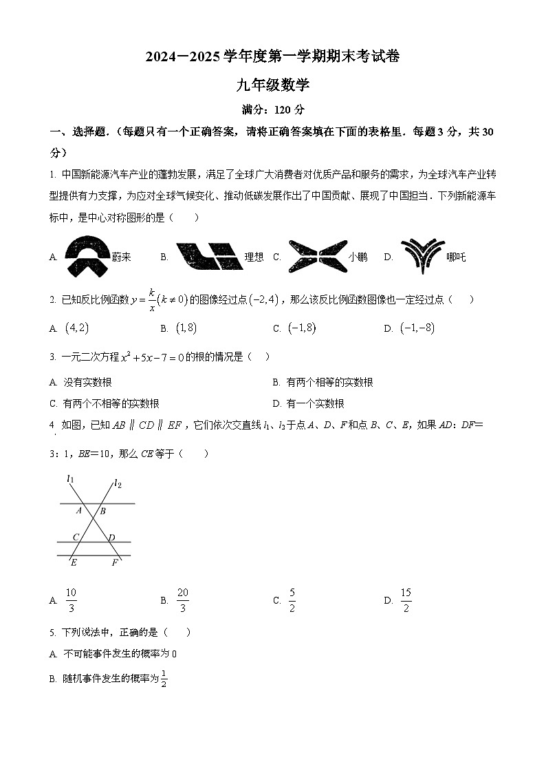 河南省周口市鹿邑县2024-2025学年九年级上学期1月期末数学试题（原卷版）第1页