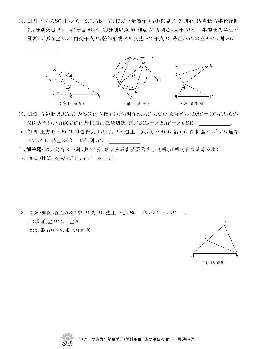萧山东片8校2025年2月九年级期初考试 九年级数学寒假作业监测试卷第3页