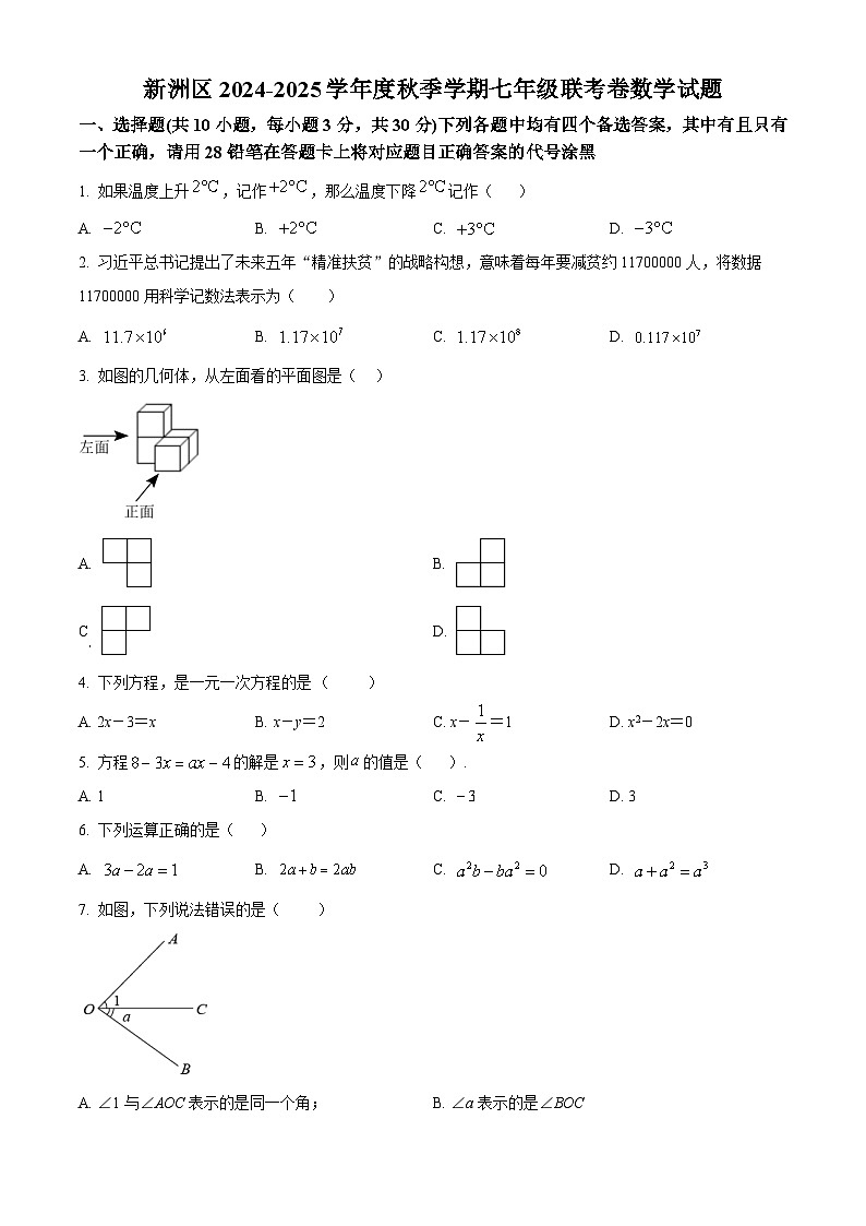 新洲区2024-2025学年上学期期末七年级数学试卷（word版含答案）第1页