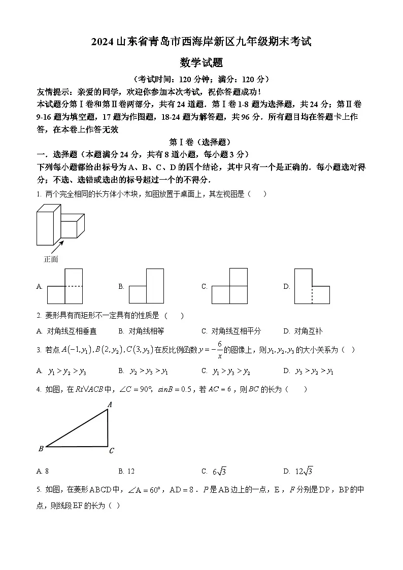 山东省青岛市西海岸新区2023-2024学年九年级上学期期末考试数学试题（解析版）第1页