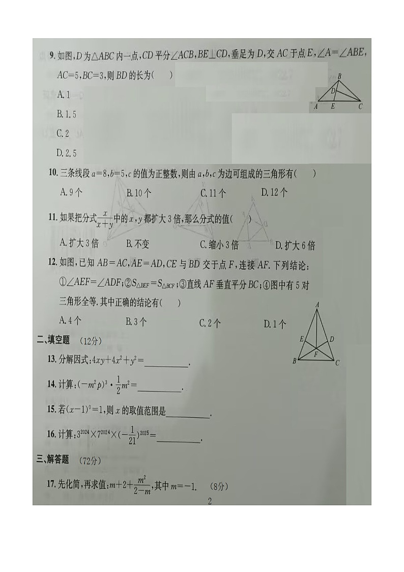 湖北省恩施土家族苗族自治州2024-2025学年八年级上学期1月期末数学试题第2页