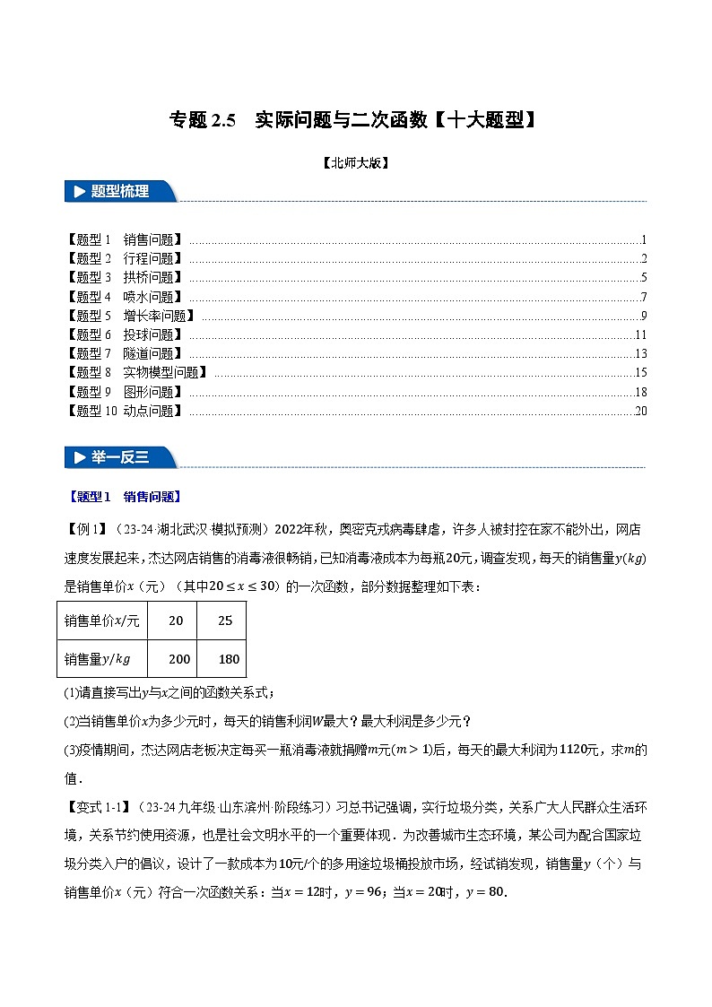北师大版2024-2025学年九年级数学下册强化专练专题2.5实际问题与二次函数【十大题型】(原卷版+解析)第1页
