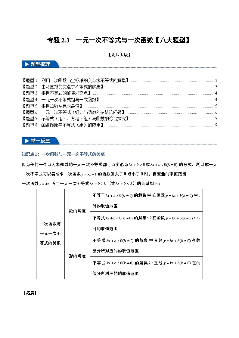 北师大版2024-2025学年八年级数学下册强化专练专题2.3一元一次不等式与一次函数【八大题型】(原卷版+解析)第1页