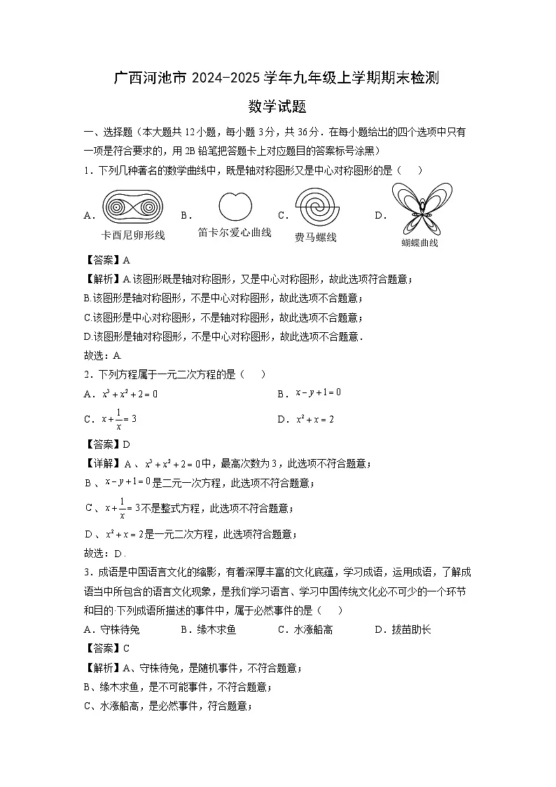 广西河池市2024-2025学年九年级上学期期末检测数学试卷（解析版）第1页