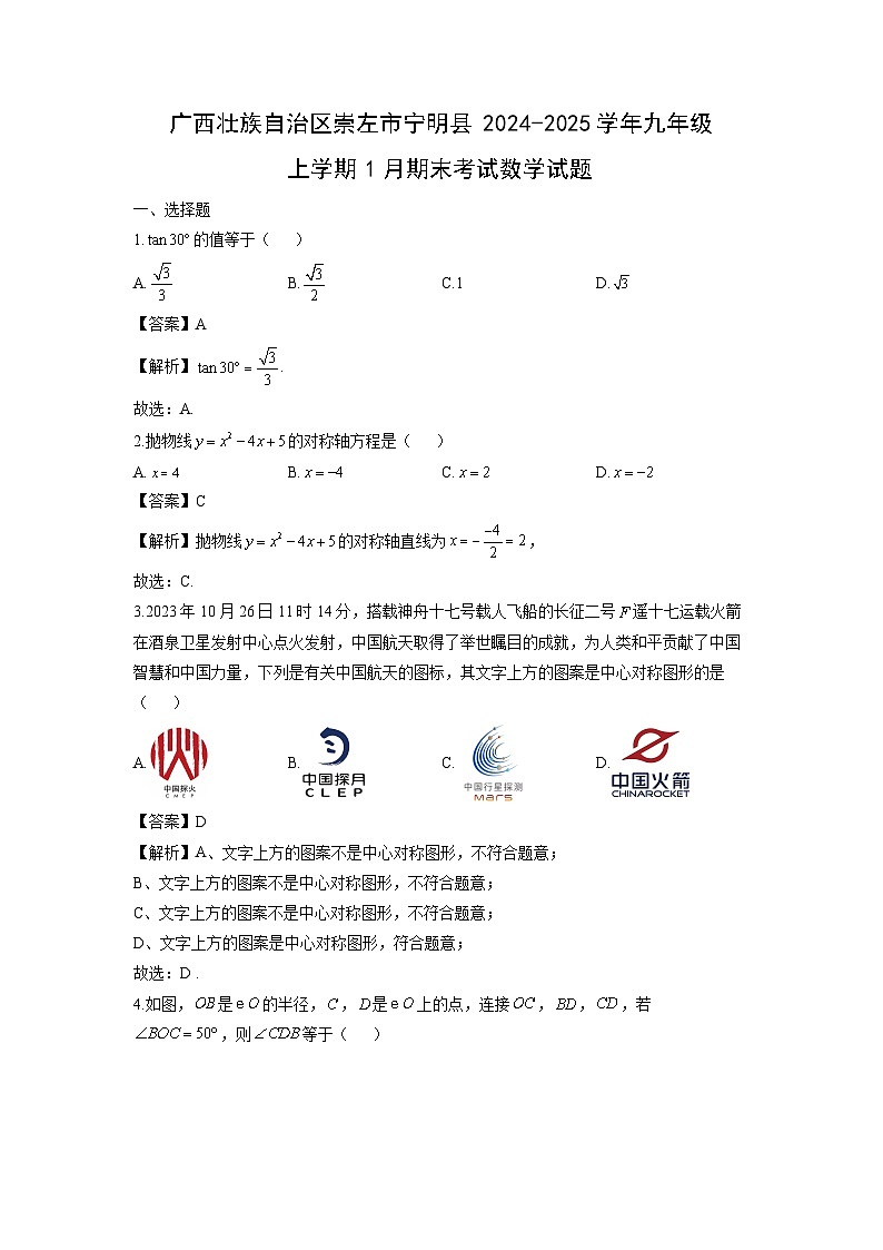 广西壮族自治区崇左市宁明县2024-2025学年九年级上学期1月期末考试数学试卷（解析版）第1页