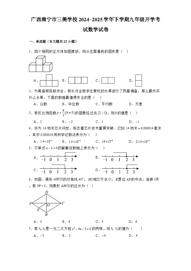 广西南宁市三美学校2024-2025学年下学期九年级开学考试 数学试卷（含解析）第1页