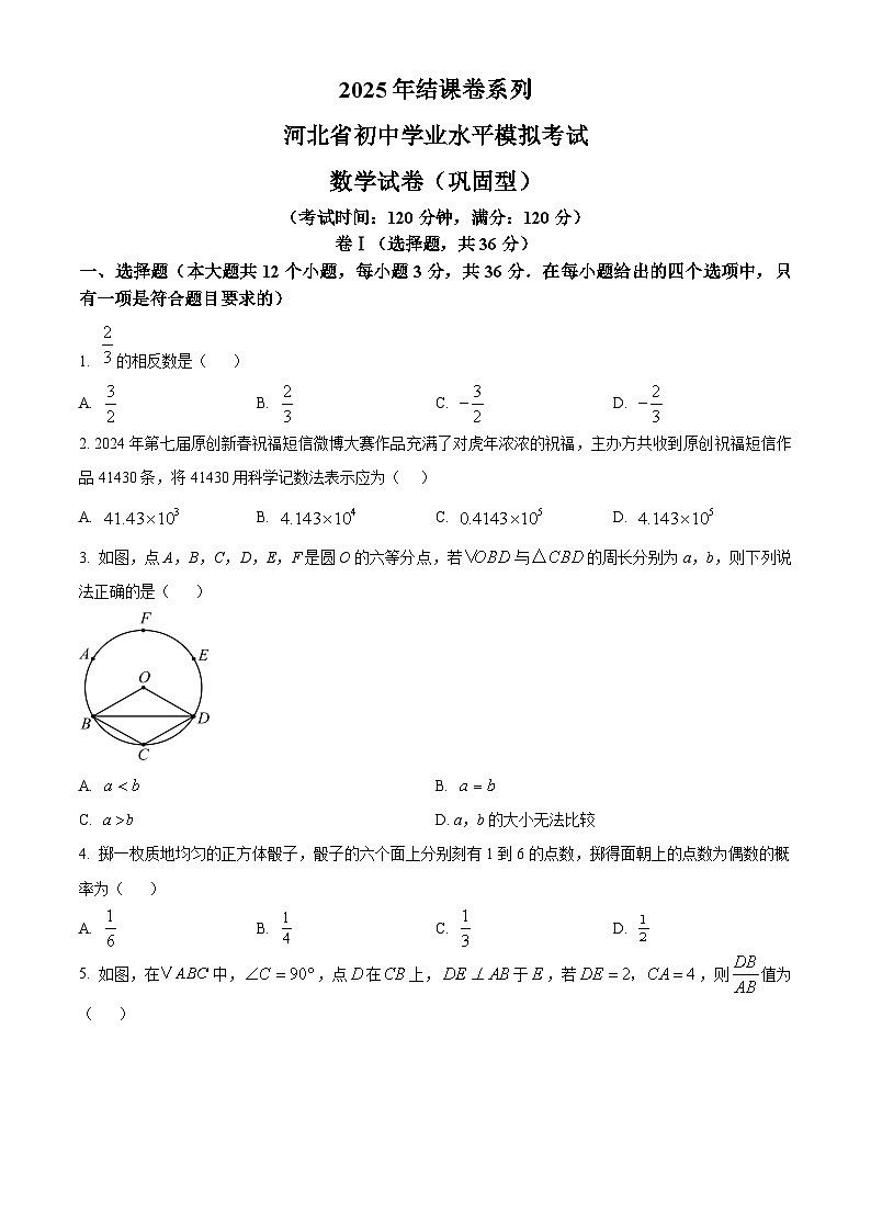 2025年结课卷系列 河北省初中学业水平模拟考试 数学试卷(巩固型) （原卷版+解析版）第1页