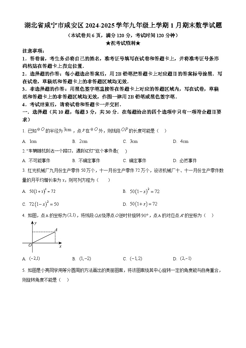 湖北省咸宁市咸安区2024-2025学年九年级上学期1月期末数学试题（原卷版+解析版）第1页