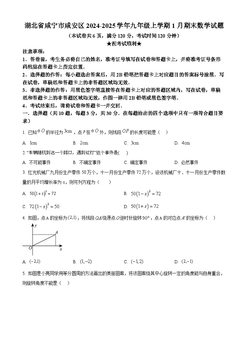 湖北省咸宁市咸安区2024-2025学年九年级上学期1月期末数学试题（原卷版+解析版）第1页