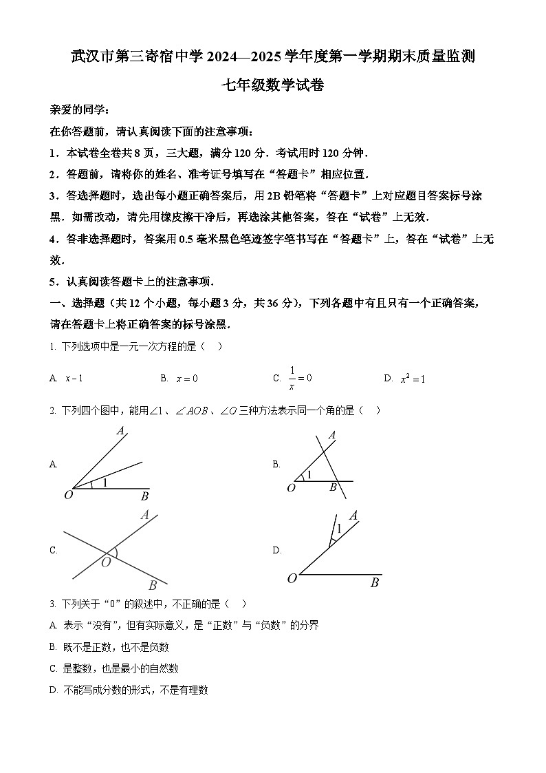 湖北省武汉市汉阳区2024—2025学年七年级上学期数学1月期末测试卷（原卷版+解析版）第1页