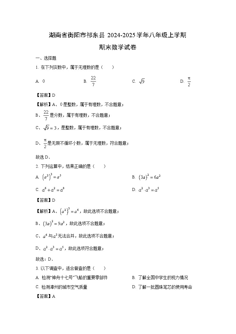 2024~2025学年湖南省衡阳市祁东县八年级上学期期末考试数学试卷（解析版）第1页