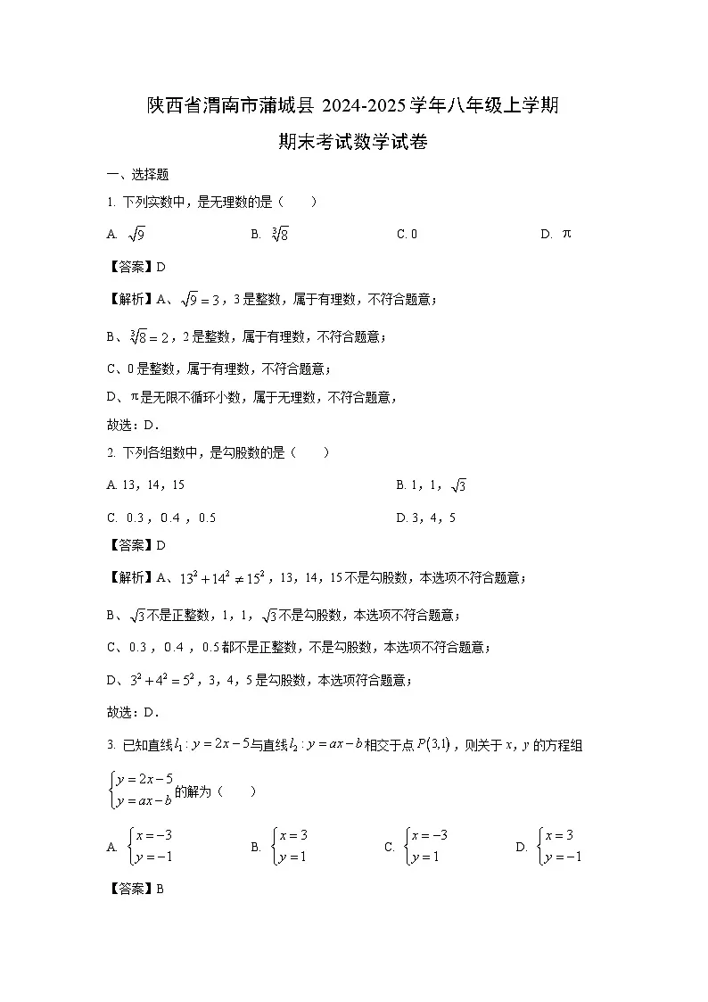 2024~2025学年陕西省渭南市蒲城县八年级上学期期末考试数学试卷（解析版）第1页