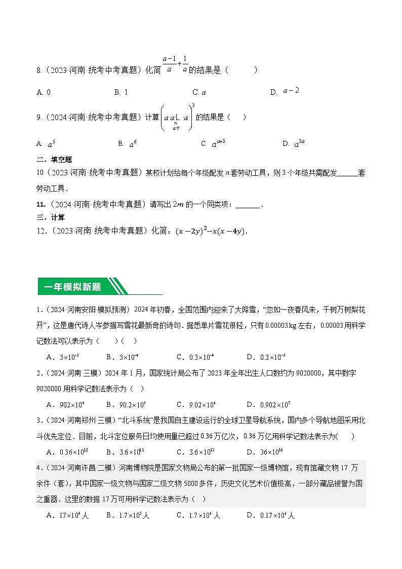 专题02 整式及其运算5年（2020-2024）中考1年模拟数学分项汇编（河南专用）（原卷版）第2页