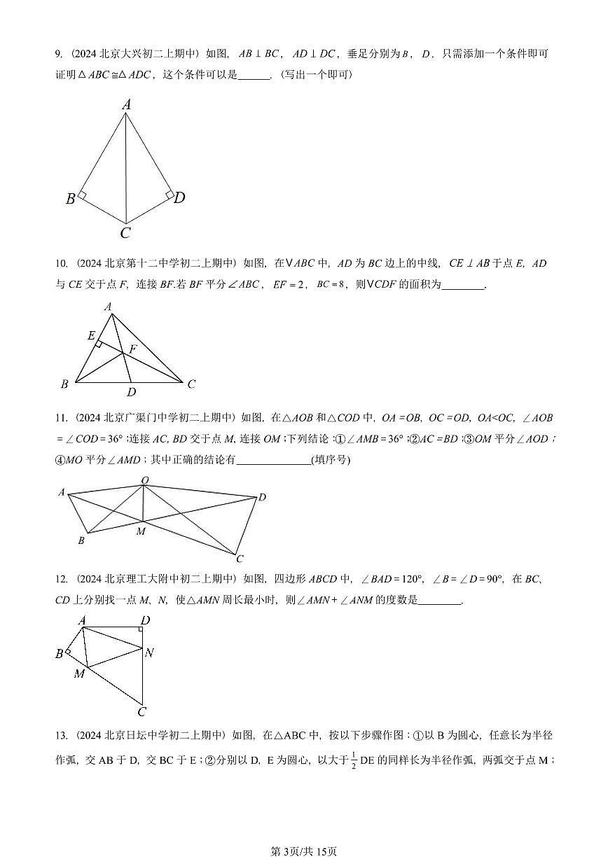 2024北京重点校初二（上）期中真题数学汇编：全等三角形章节综合（填空题）2第3页