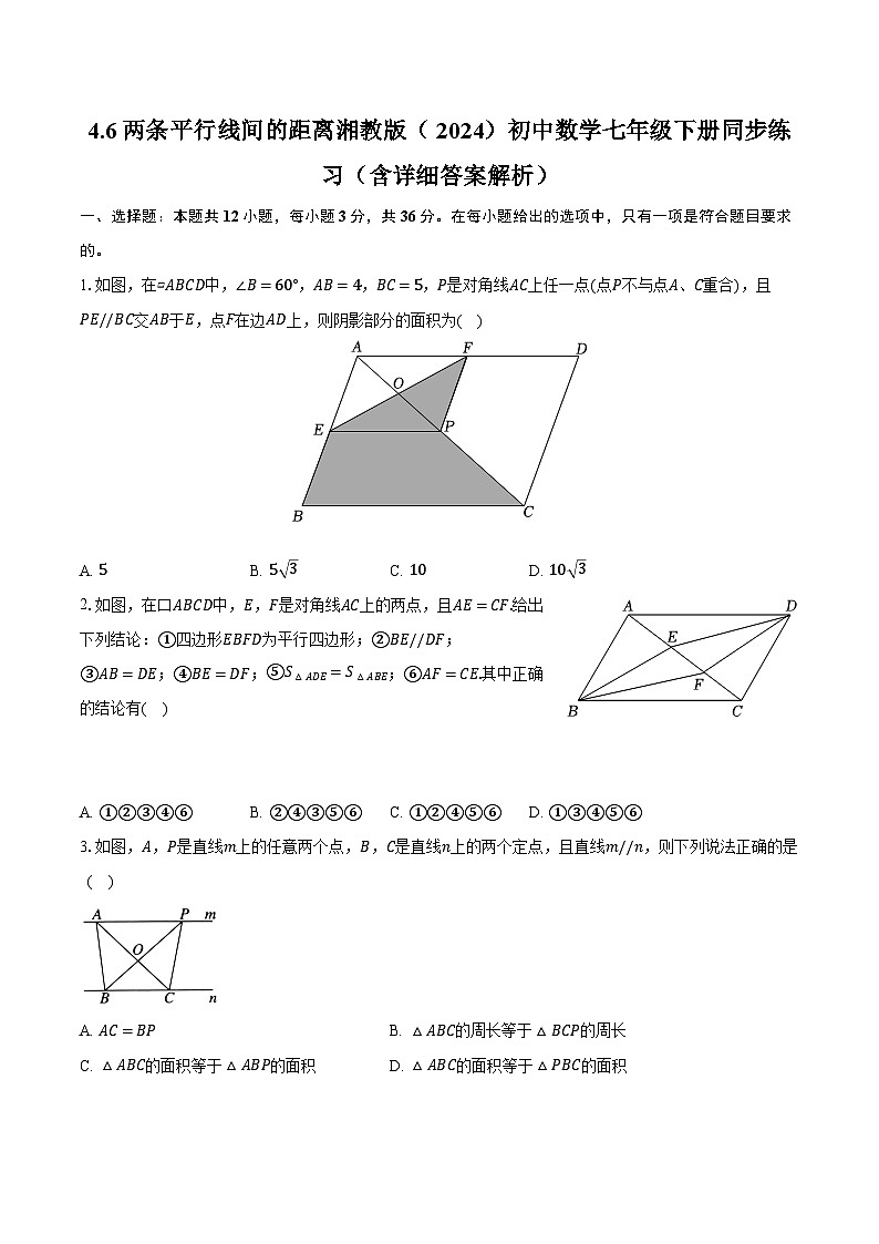 4.6两条平行线间的距离 湘教版（2024）初中数学七年级下册同步练习（含详细答案解析）第1页