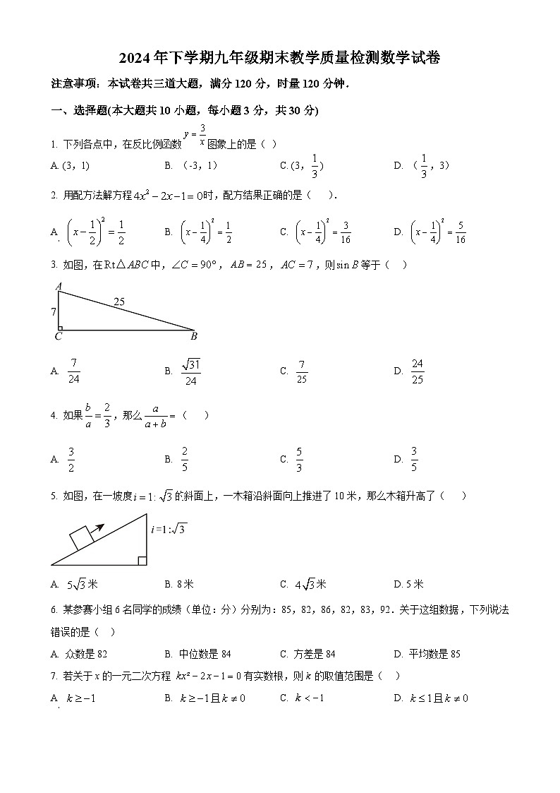 湖南省张家界市桑植县2024-2025学年九年级上学期1月期末考试数学试题（原卷版+解析版）第1页