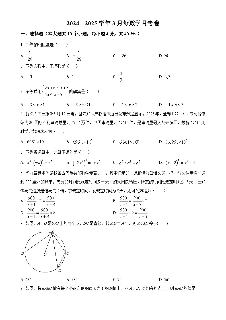 福建省漳州市实验中学2024-2025学年下学期九年级3月月考数学试题（原卷版+解析版）第1页