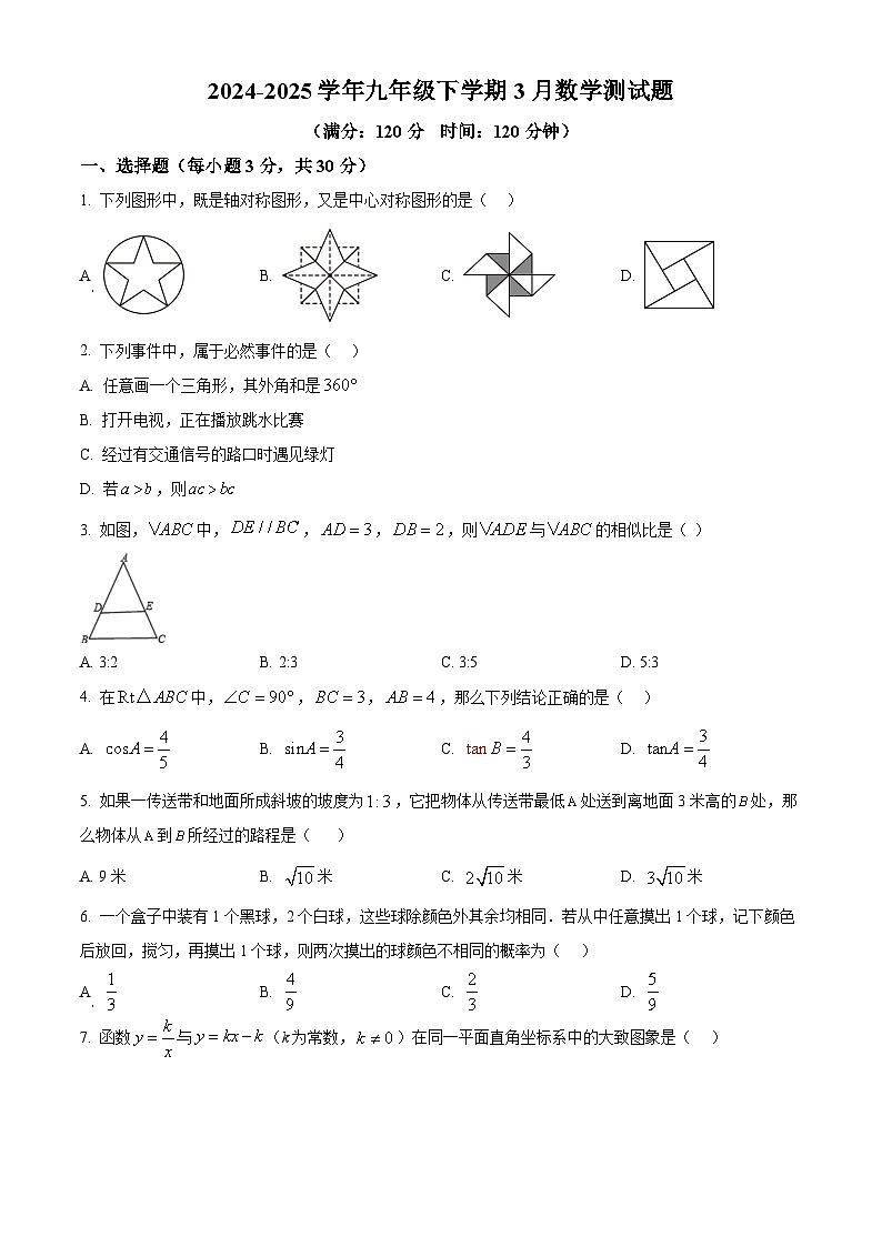 湖北省武汉市二中广雅中学2024-2025学年九年级下学期数学3月测试题 （原卷版+解析版）第1页