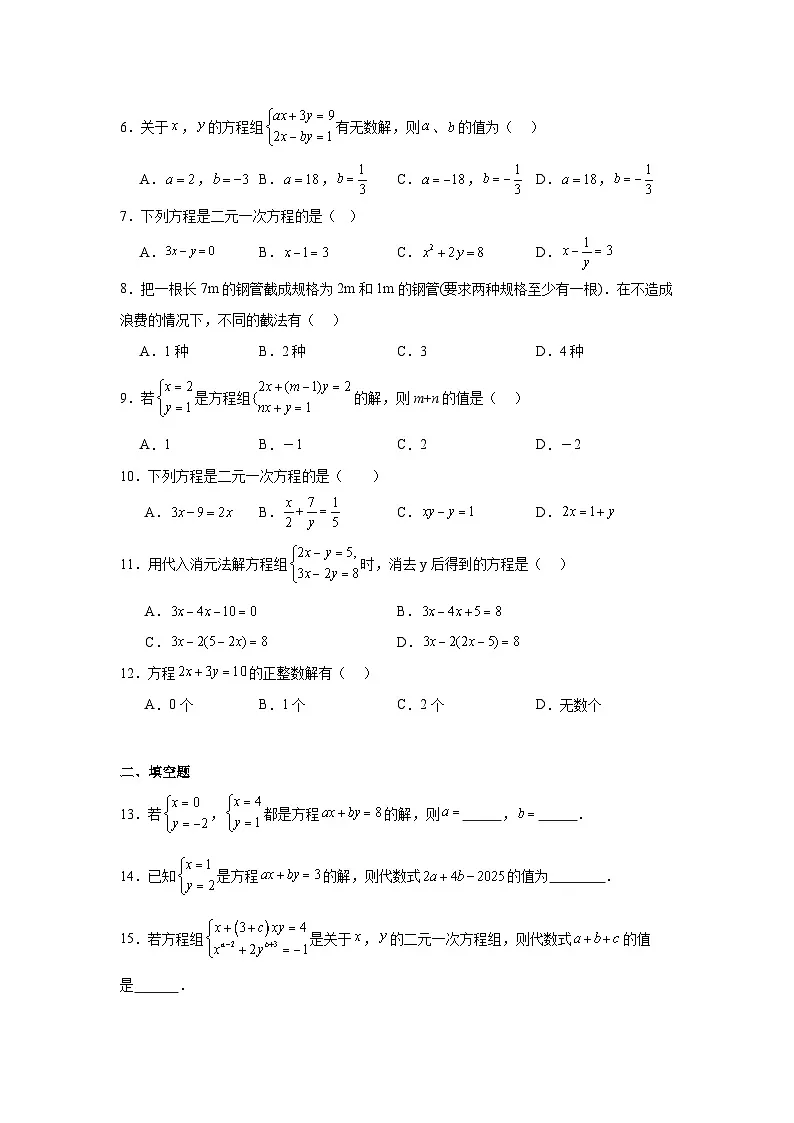 10.1二元一次方程组的概念同步练习 人教版（2024年）数学七年级下册第2页