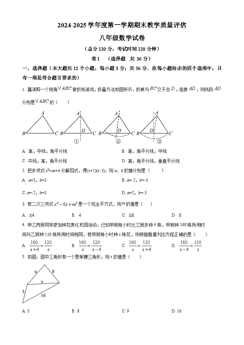 河北省沧州市盐山县2024-2025学年八年级上学期1月期末数学试题（原卷版+解析版）第1页