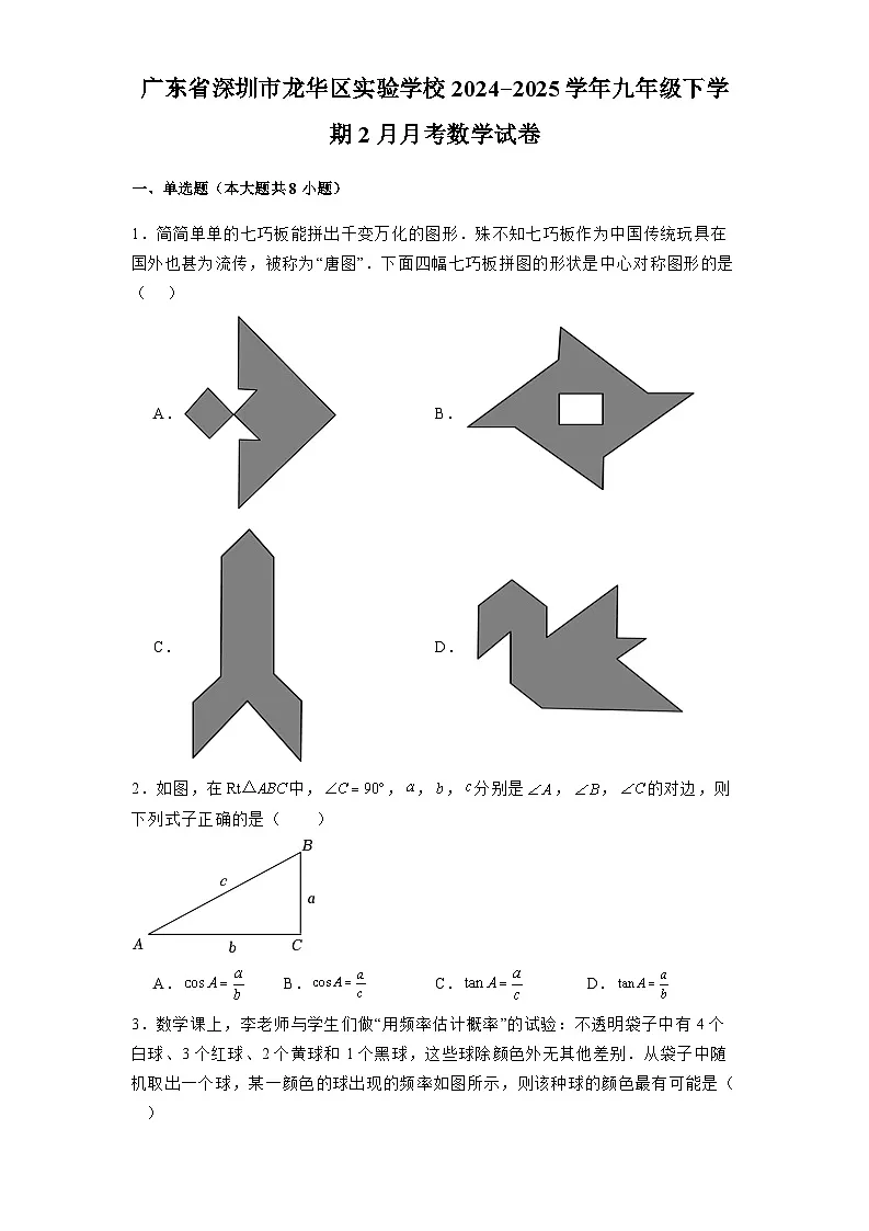 广东省深圳市龙华区实验学校2024-2025学年九年级下学期2月月考 数学试卷（含解析）第1页