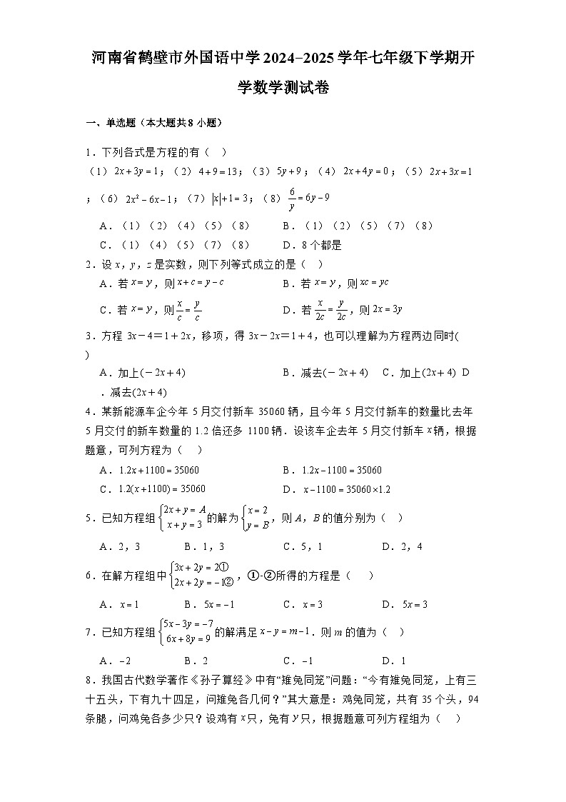 河南省鹤壁市外国语中学2024-2025学年七年级下学期开学 数学测试卷（含解析）第1页