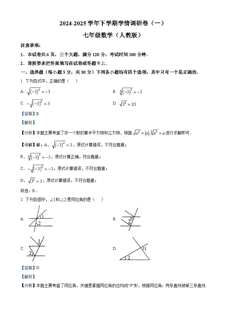 河南省驻马店市泌阳县部分中学联考2024-2025学年七年级下学期3月月考 数学试题（含解析）第1页