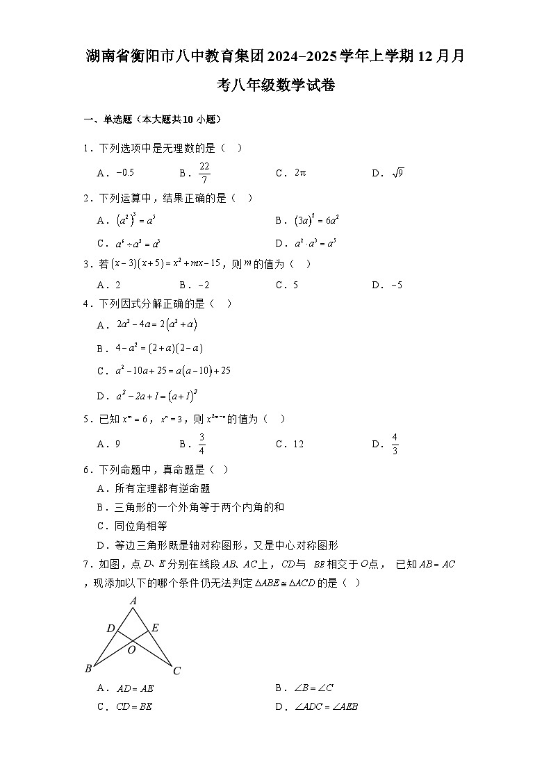 湖南省衡阳市八中教育集团2024-2025学年上学期12月月考八年级 数学试卷（含解析）第1页