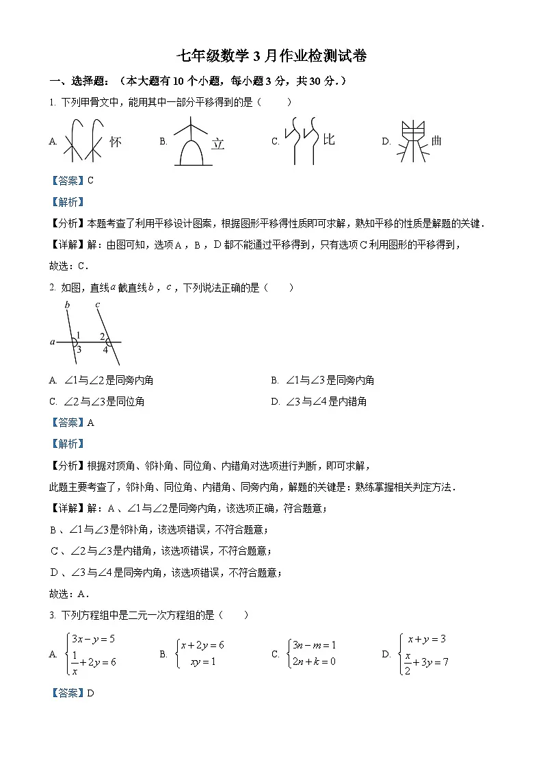 浙江省金华市浦江第五中学2024-2025学年七年级下学期3月作业检测 数学试卷（含解析）第1页