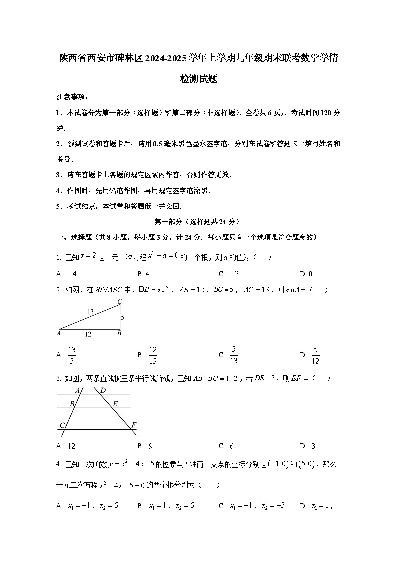 陕西省西安市碑林区2024-2025学年上册九年级期末联考数学学情检测试题（附答案）第1页
