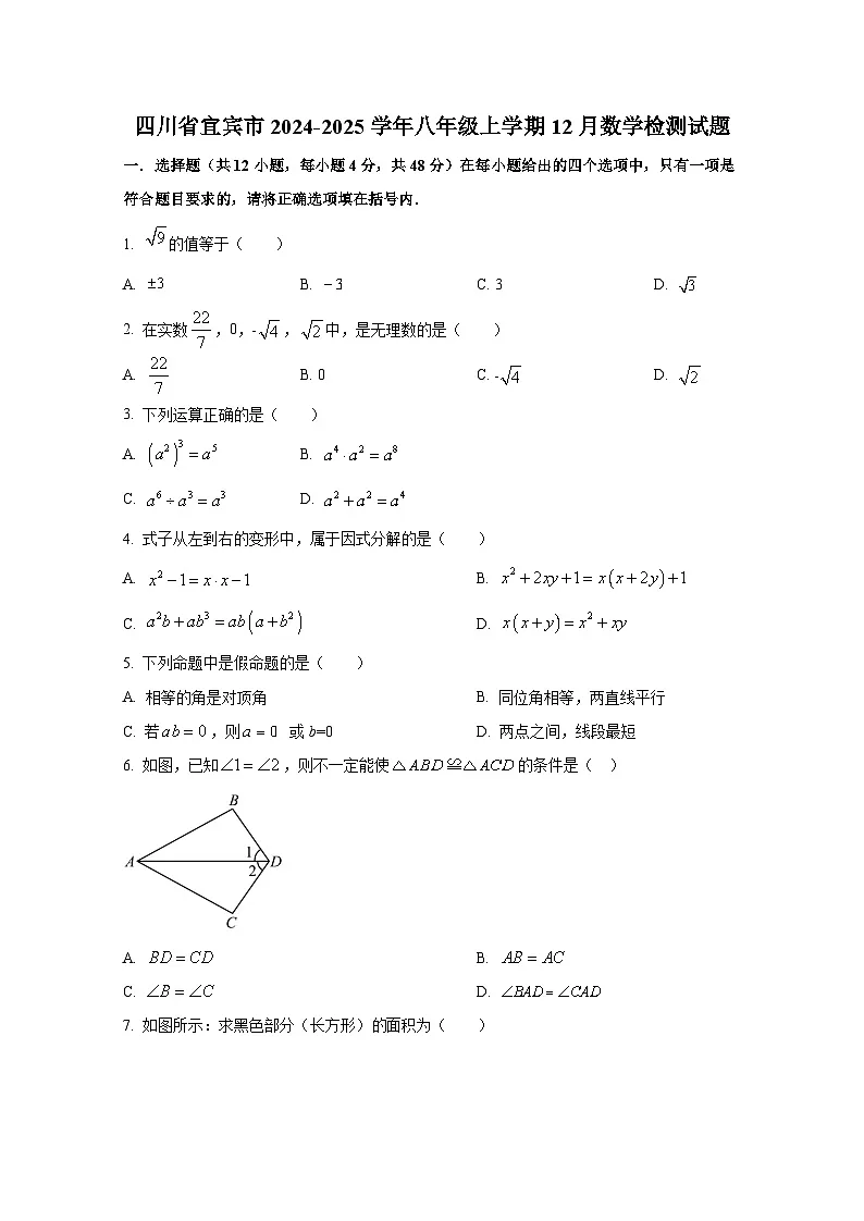 四川省宜宾市2024-2025学年八年级上册12月数学检测试题（附答案）第1页