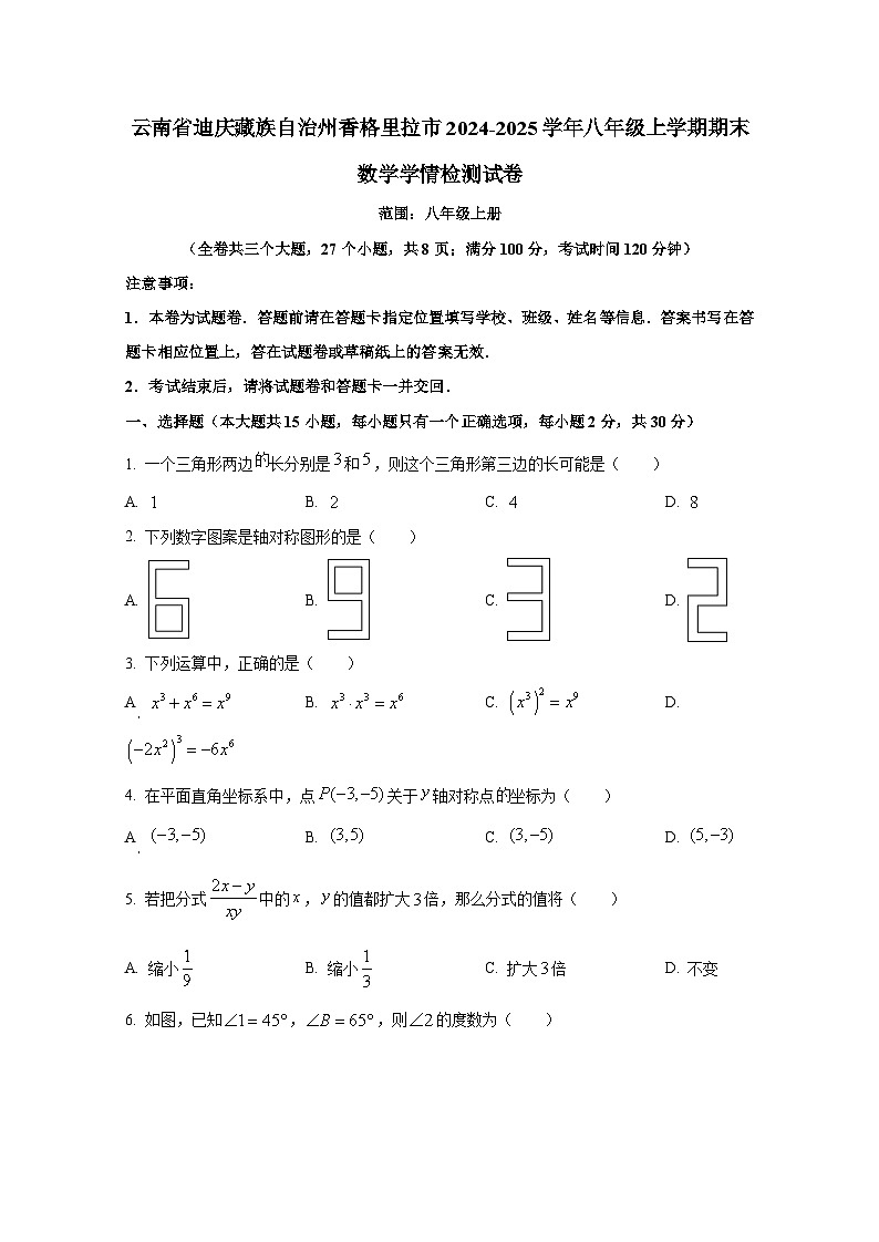 云南省迪庆藏族自治州香格里拉市2024-2025学年八年级上册期末数学学情检测试卷（附答案）第1页