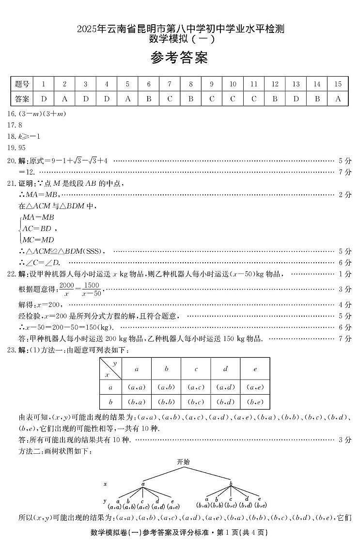 2025年云南省昆明市第八中学初中学业水平检测数学试题（含答案）第3页