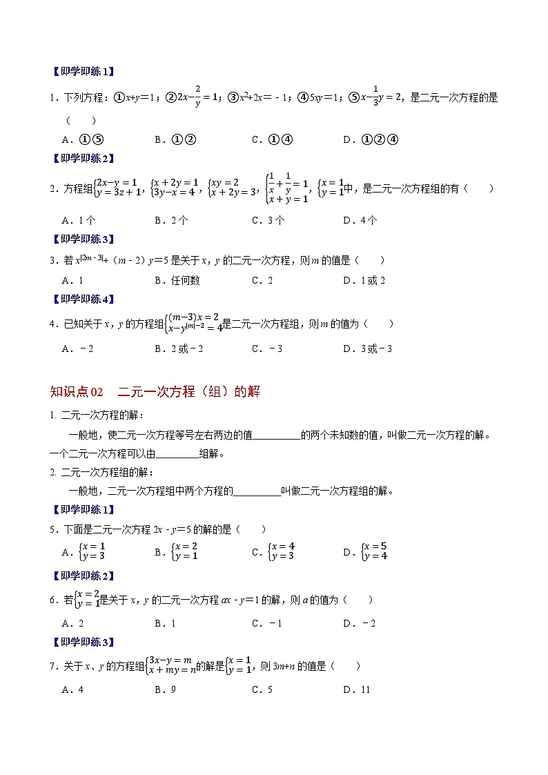 10.1 二元一次方程组的概念 - 知识点梳理+练习第2页